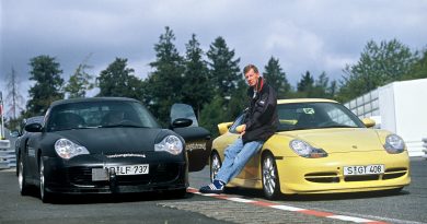Walter Röhrl neben dem Porsche 911 Turbo 3,6 Coupé (links) und dem Porsche 911 GT3 (rechts), 1999. (Pressefoto Porsche AG)